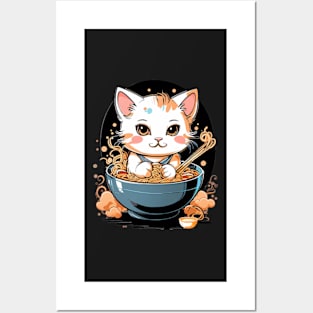 A kawaii cat eating ramen Posters and Art